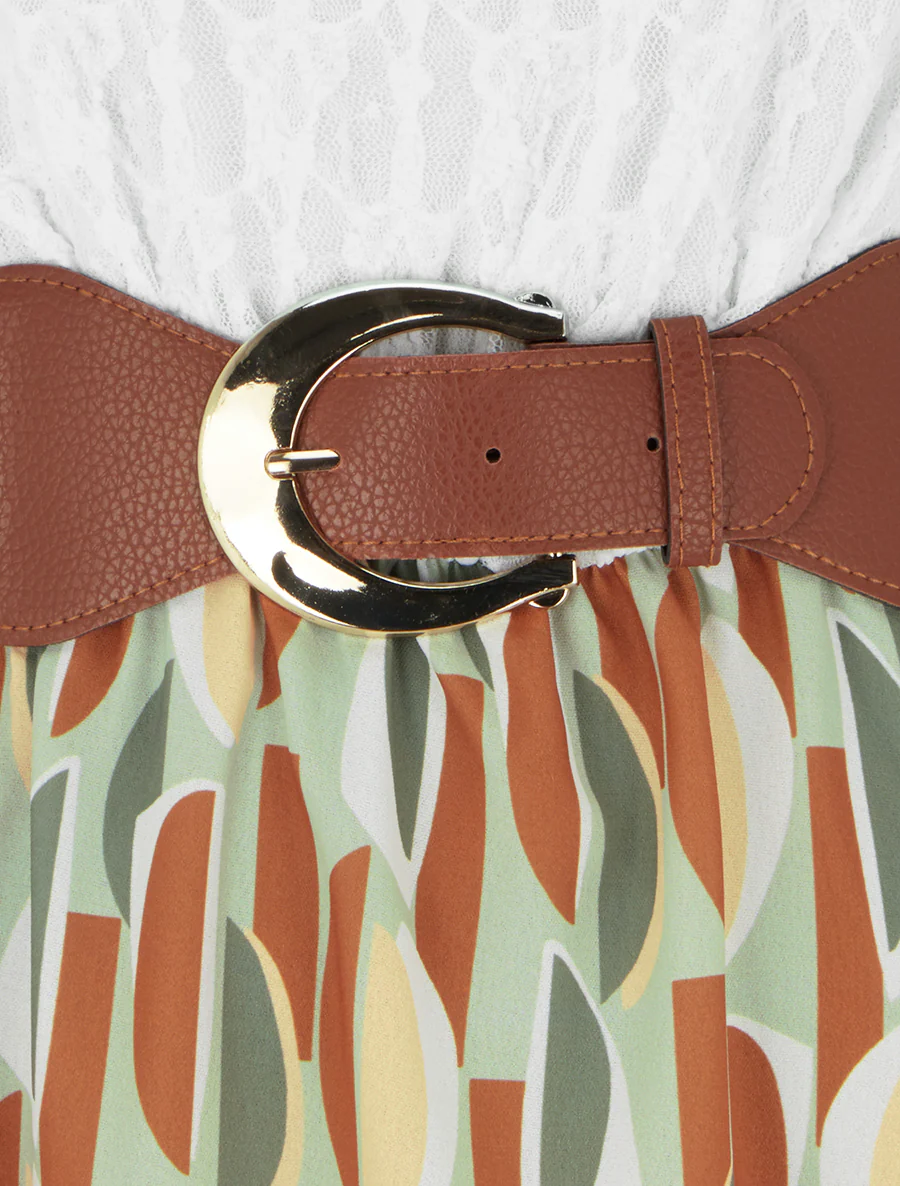 Halfhoge jurk met grafische print en imitatiebandjes - Kaki - Image 3