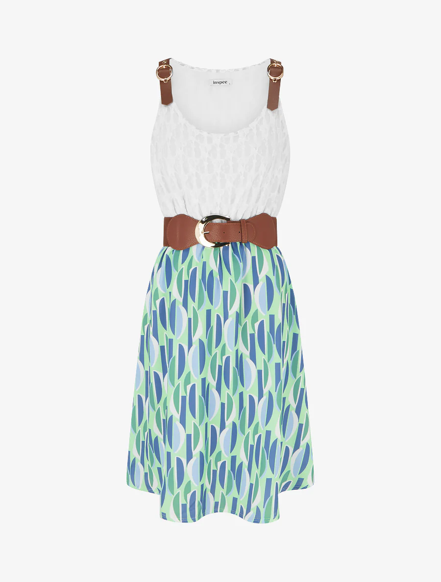 Halfhoge jurk met grafische print en imitatiebandjes - Watergroen