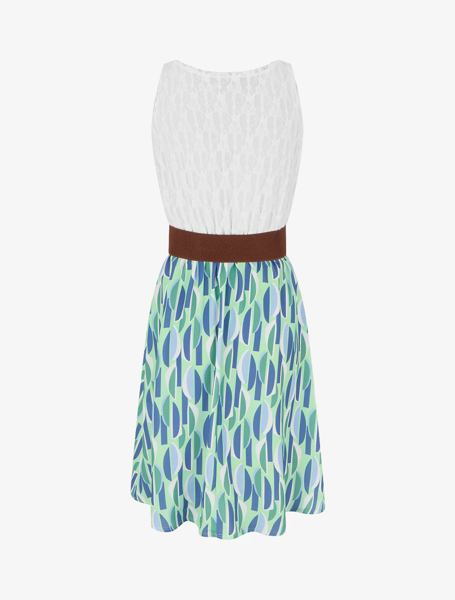 Halfhoge jurk met grafische print en imitatiebandjes - Watergroen - Image 2