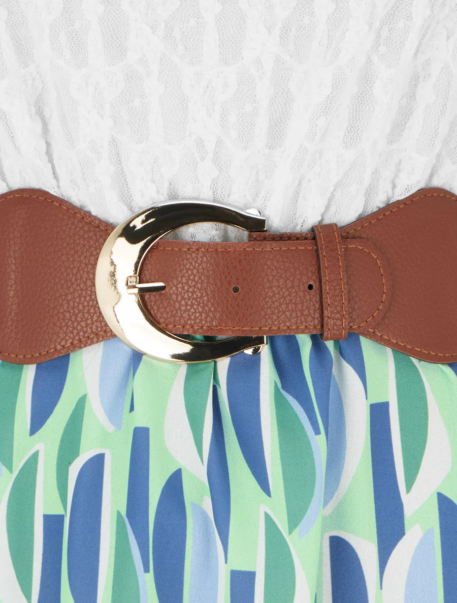 Halfhoge jurk met grafische print en imitatiebandjes - Watergroen - Image 3