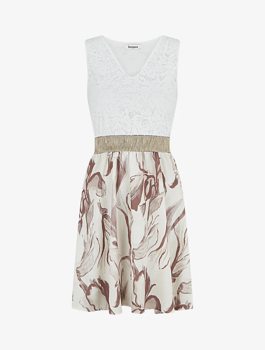 Halfhoge jurk met kant en fantasieprint - Beige