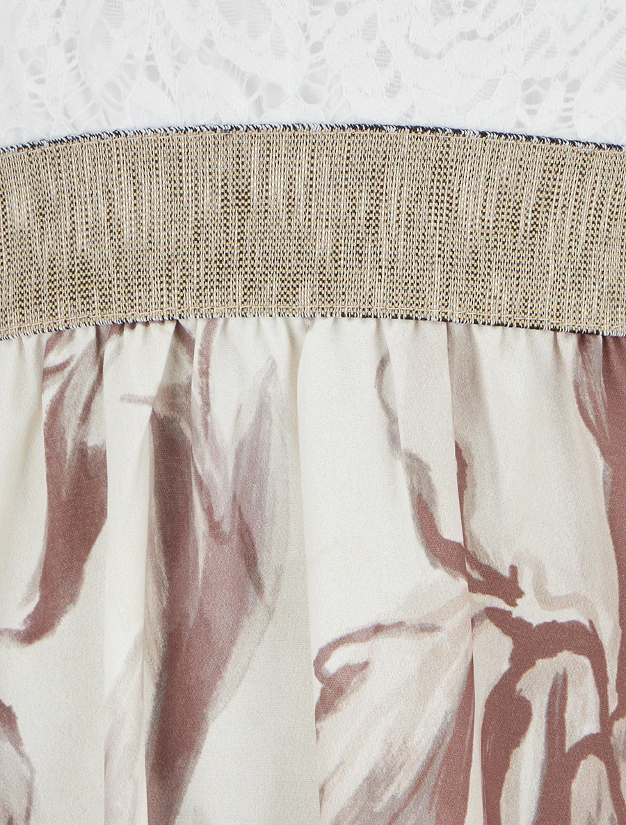 Halfhoge jurk met kant en fantasieprint - Beige - Image 3