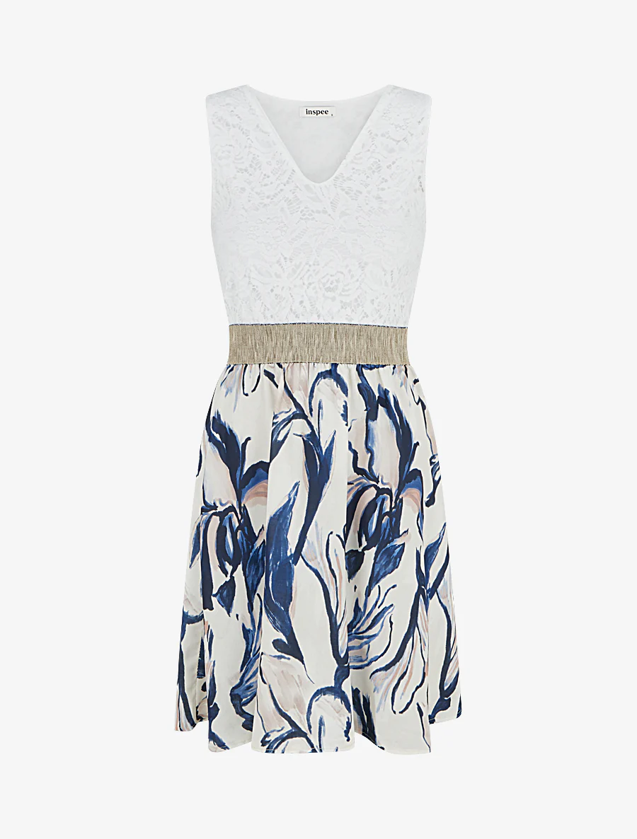 Halfhoge jurk met kant en fantasieprint - Marine