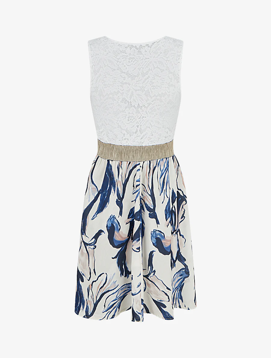 Halfhoge jurk met kant en fantasieprint - Marine - Image 2