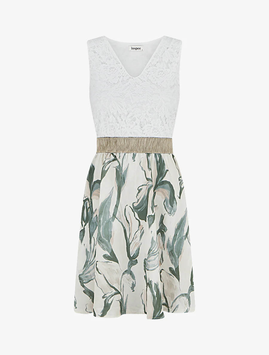Halfhoge jurk met kant en fantasieprint - Kaki