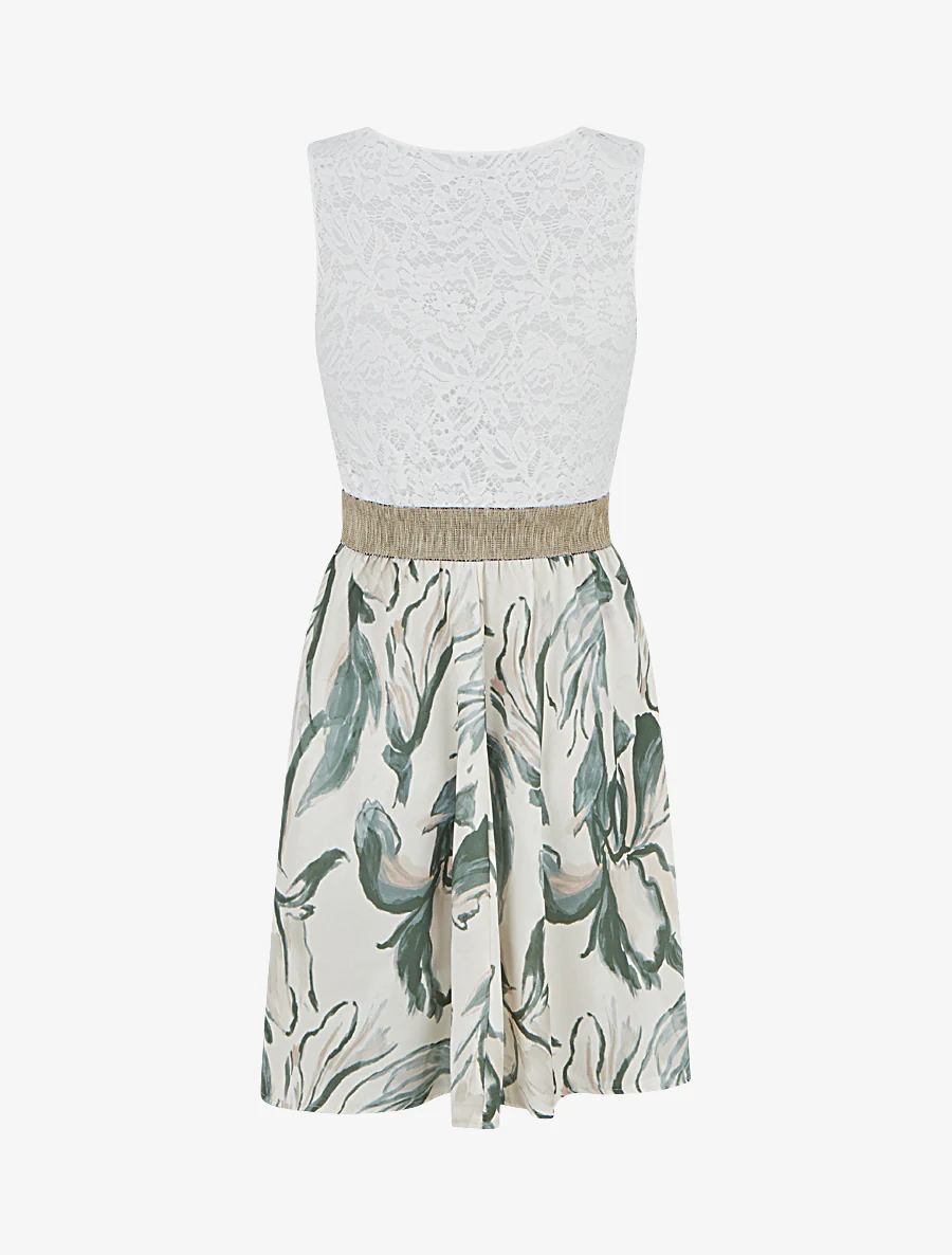 Halfhoge jurk met kant en fantasieprint - Kaki - Image 2