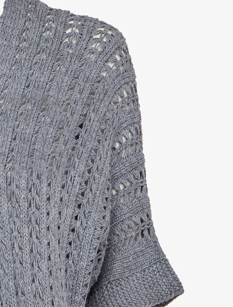 Halflang opengewerkt gebreid vest met korte kimono mouwen - Donkergrijs - Image 3