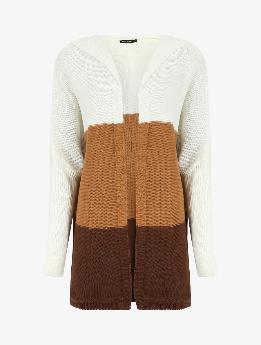 Halflang gestreept vest met capuchon - Camel/grijs