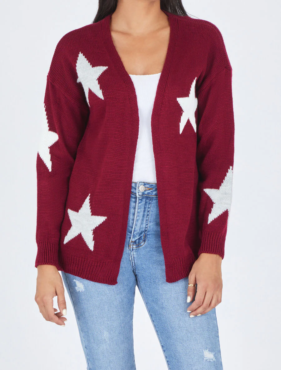 Halflang open vest met sterrenprint - bordeauxrood - Image 4