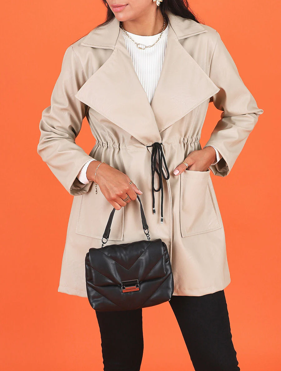Halflange blazer van kunstleer - Beige - Image 4