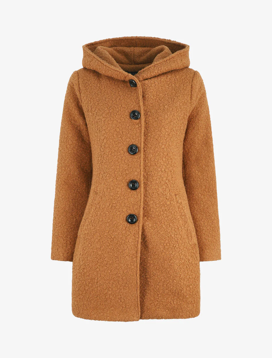 Halflange bouclé jas met capuchon - Camel