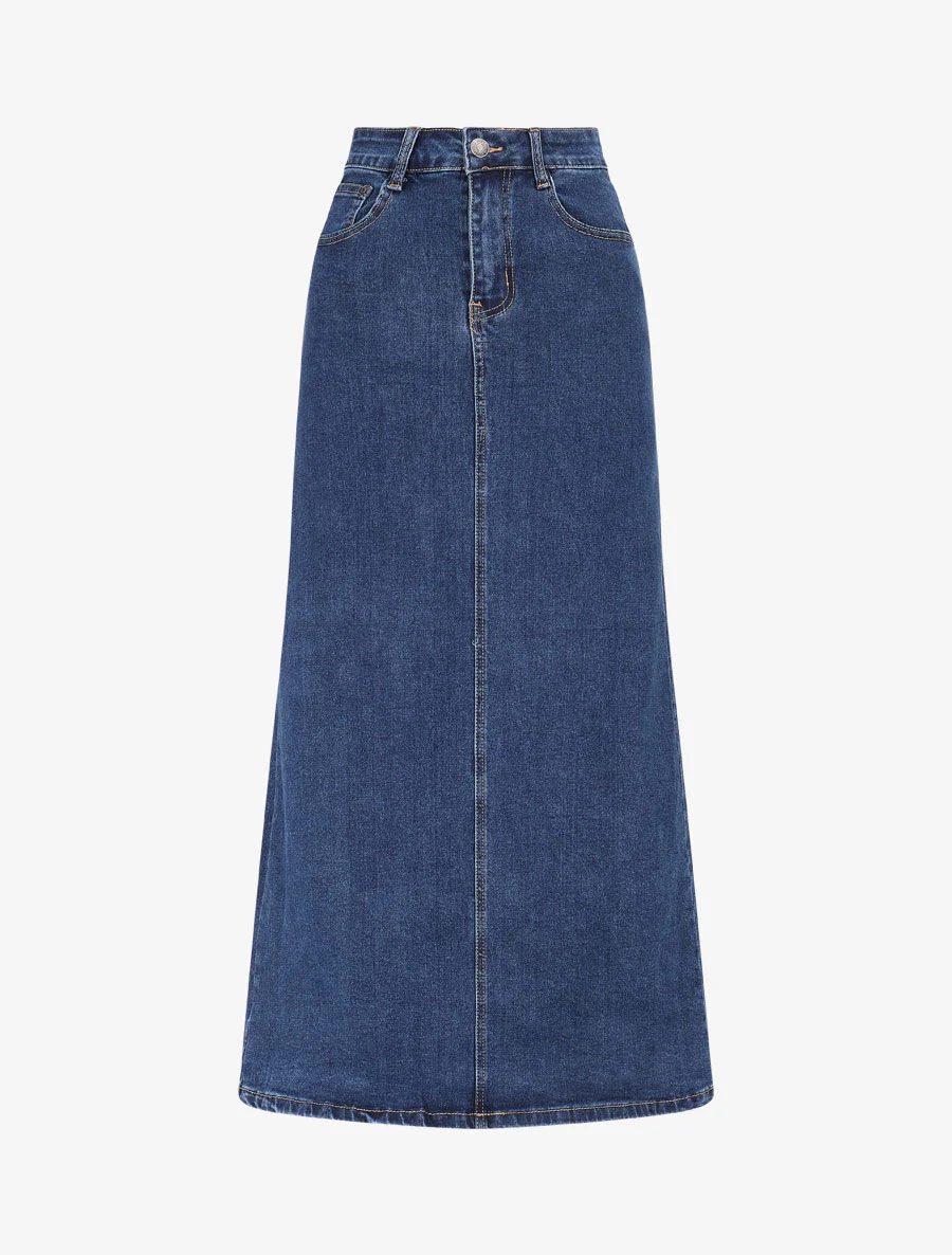 Halflange denim rok met hoge taille - blauw