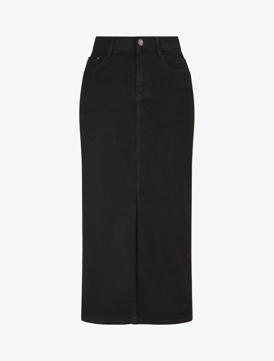 Halflange denim rok met split - zwart