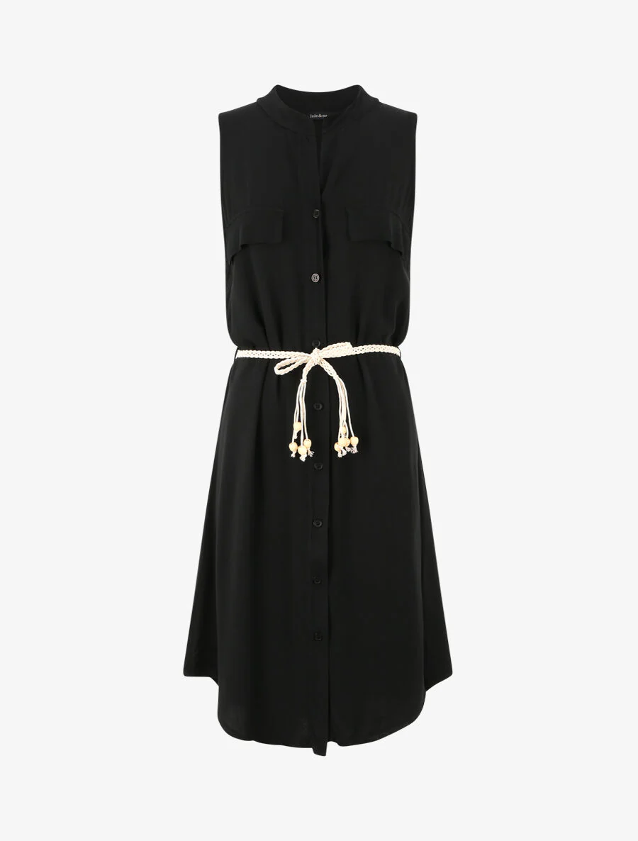 Halflange effen shirtjurk met decoratieve zakken - Zwart