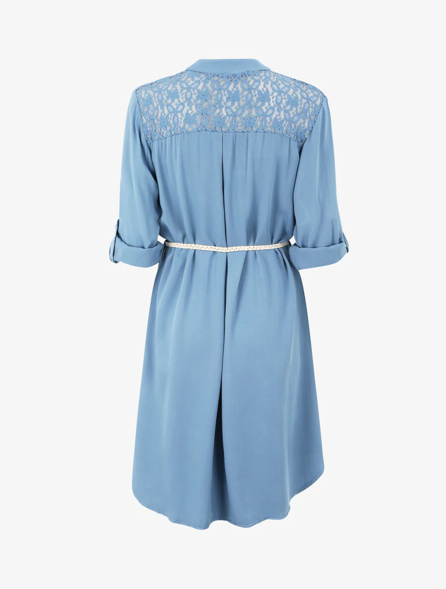 Halflange effen shirtjurk met kant aan de achterkant - Blauw - Image 2