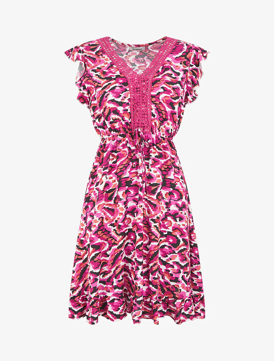 Halflange jurk met abstracte print en trekkoorden - Fuchsia