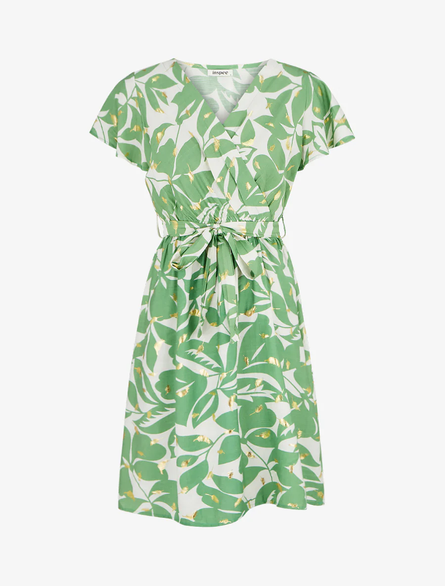 Halflange jurk met bladerenprint en glinsterend. - Groen
