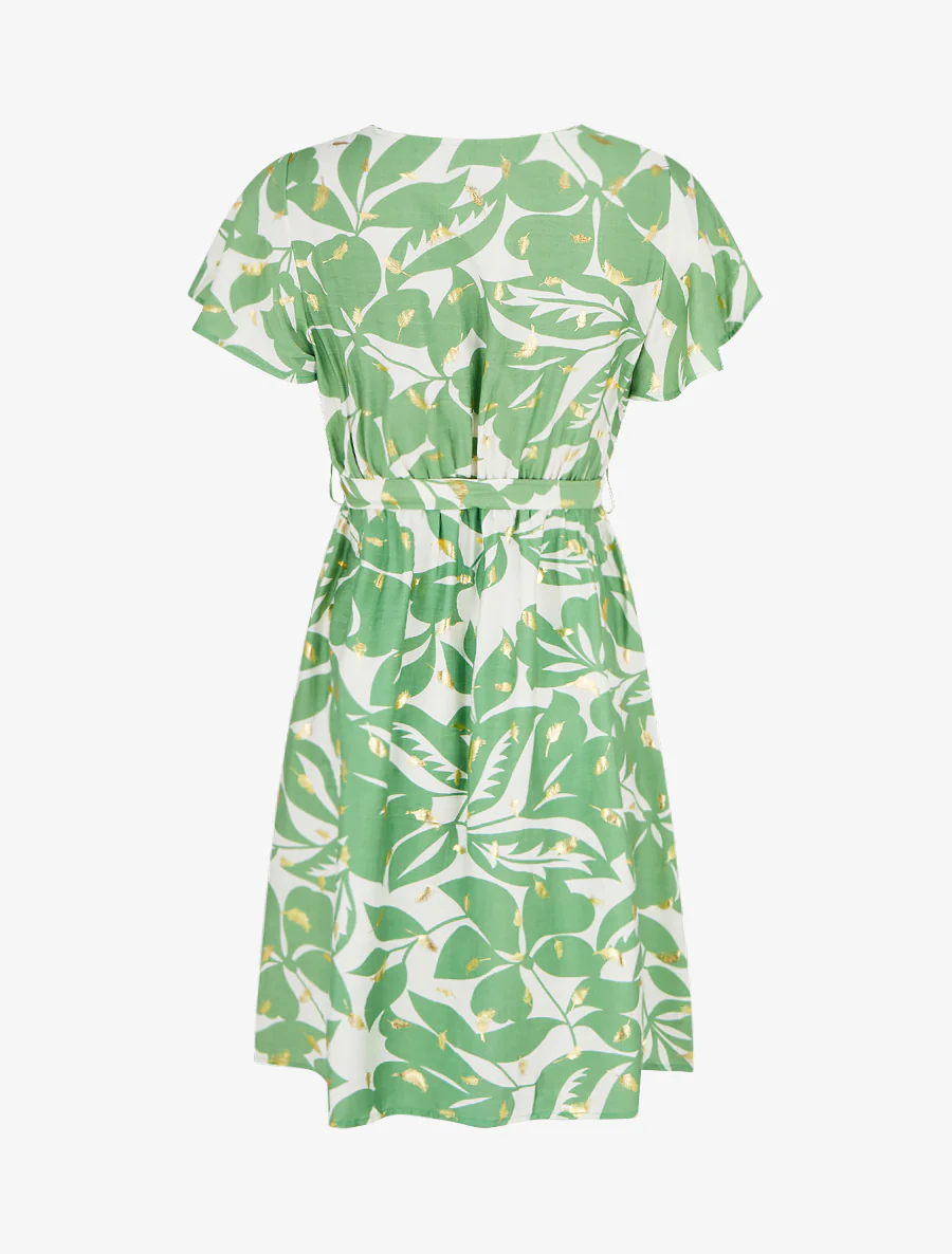 Halflange jurk met bladerenprint en glinsterend. - Groen - Image 2