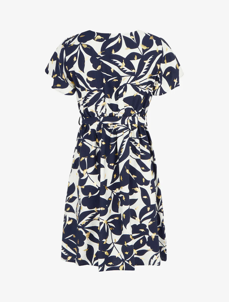 Halflange jurk met bladerenprint en glinsterend. - Marine - Image 2