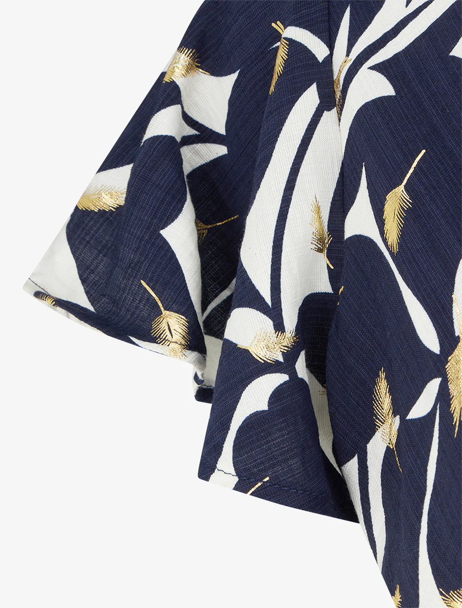 Halflange jurk met bladerenprint en glinsterend. - Marine - Image 3