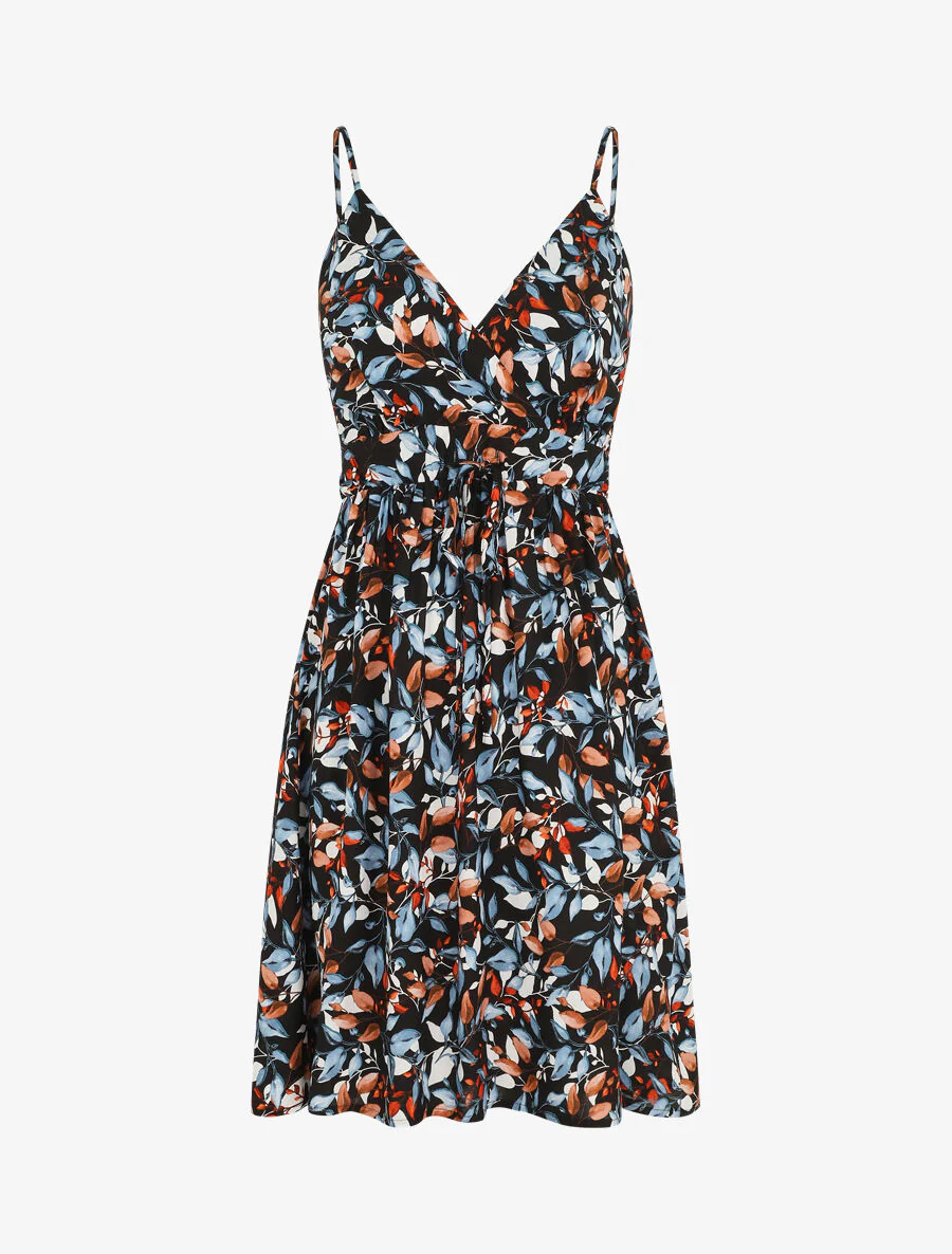 Halflange jurk met bladerenprint - Nachtblauw