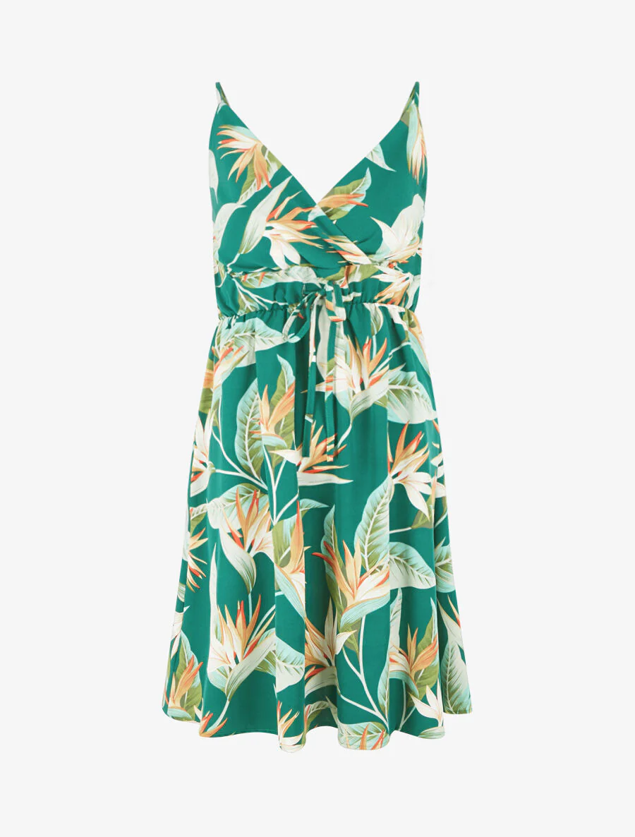 Halflange jurk met bladerenprint - groen