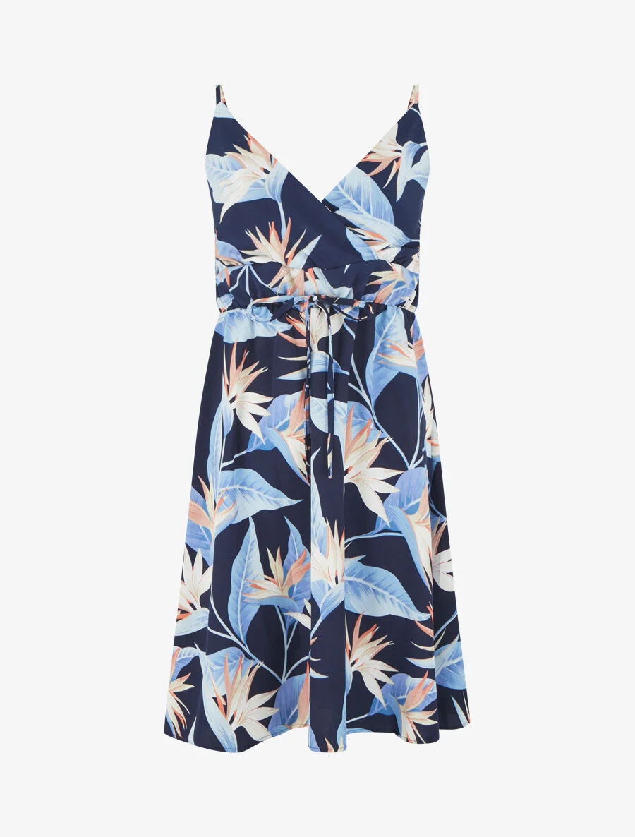 Halflange jurk met bladerenprint - Marineblauw