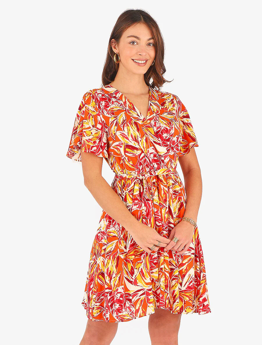 Halflange jurk met bladerenprint - Rood - Image 4