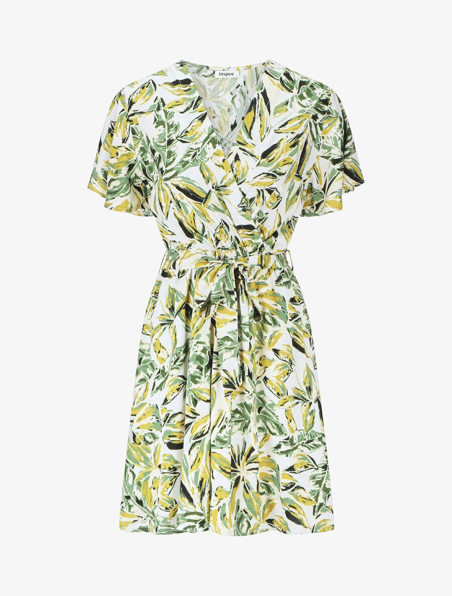 Halflange jurk met bladerenprint - groen