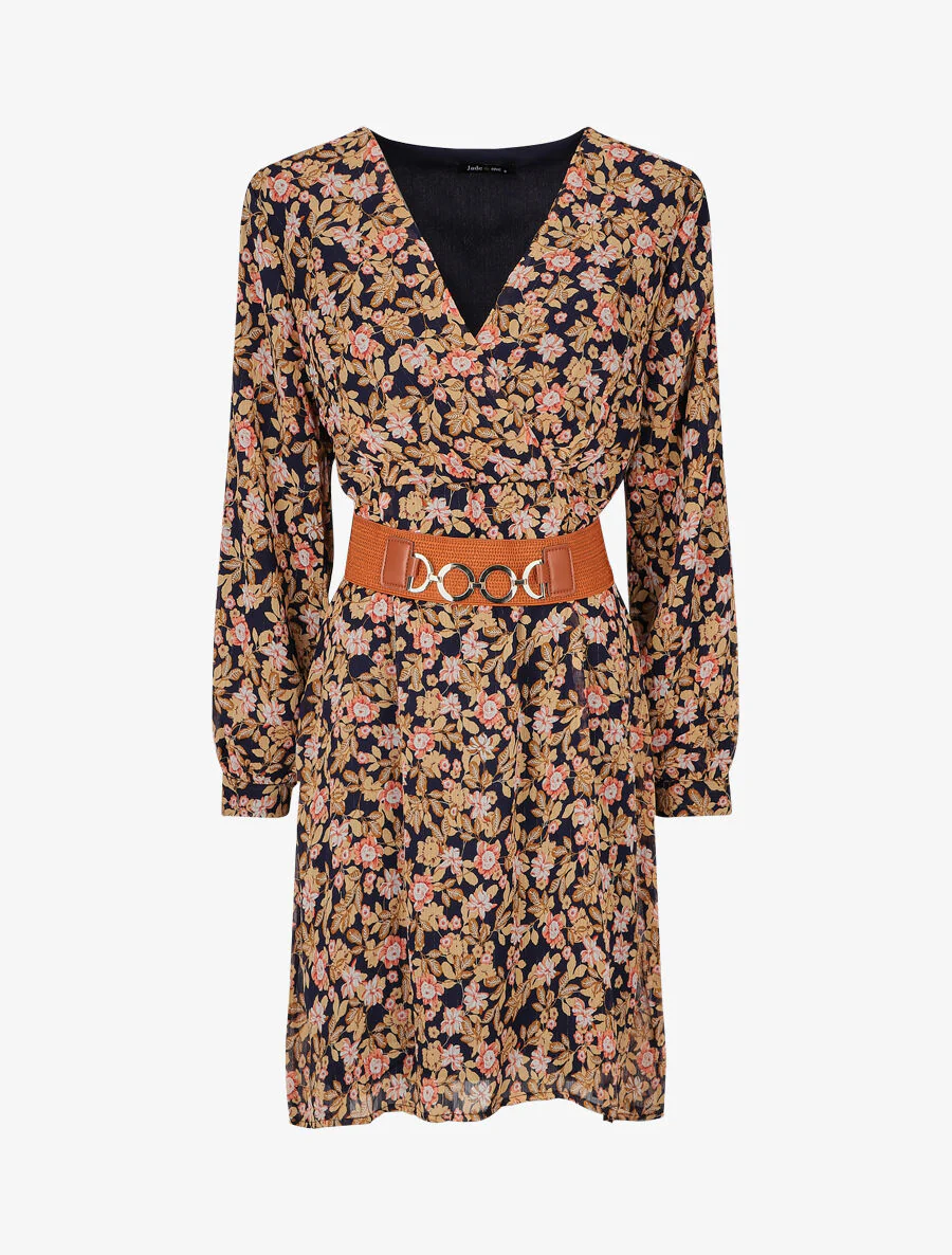 Halflange jurk met bloemenprint en iriserend detail - Marineblauw