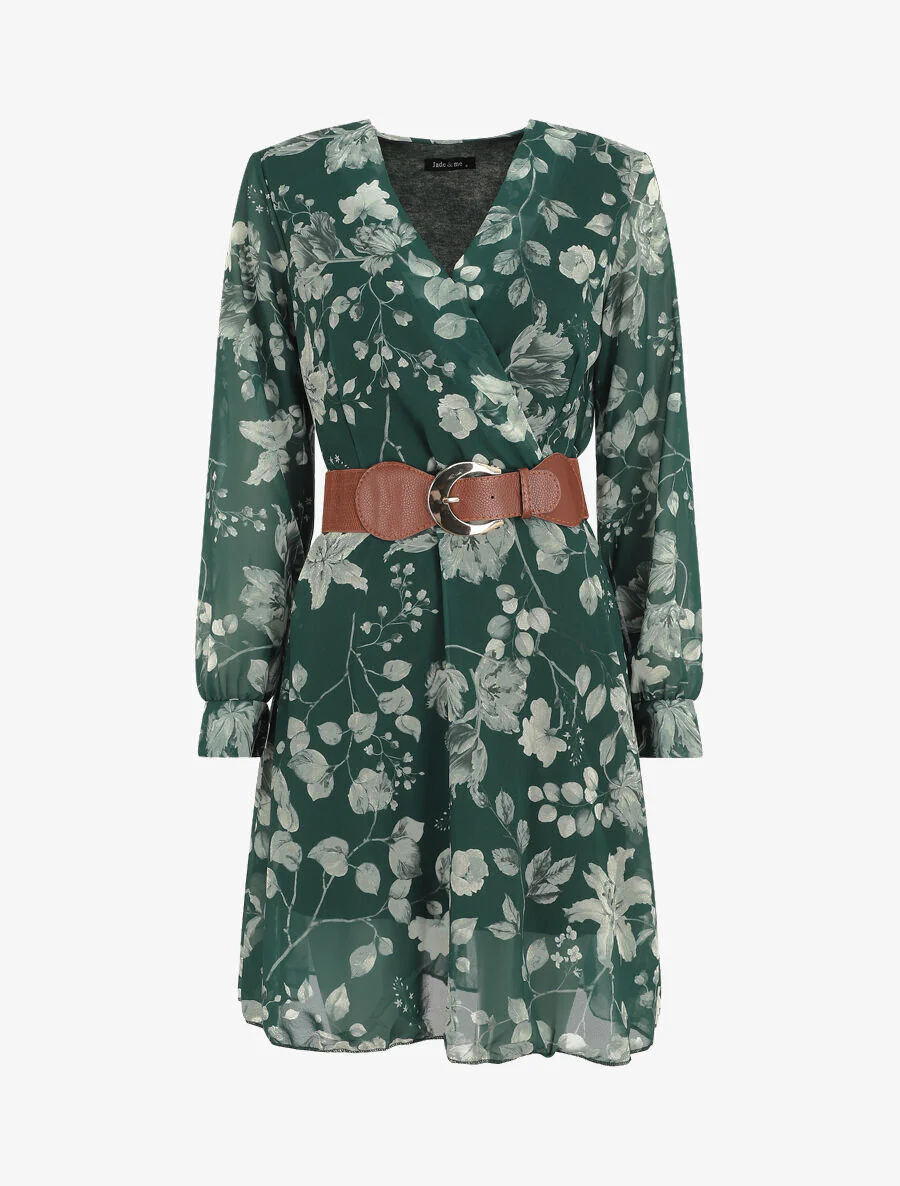 Halflange jurk met bloemenprint - Dennengroen