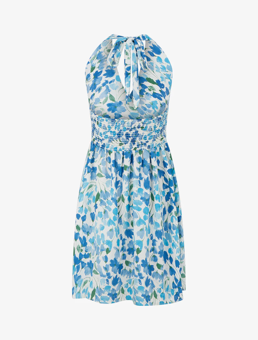 Halflange jurk met blote rug en abstracte bloemenprint - Blauw - Image 2