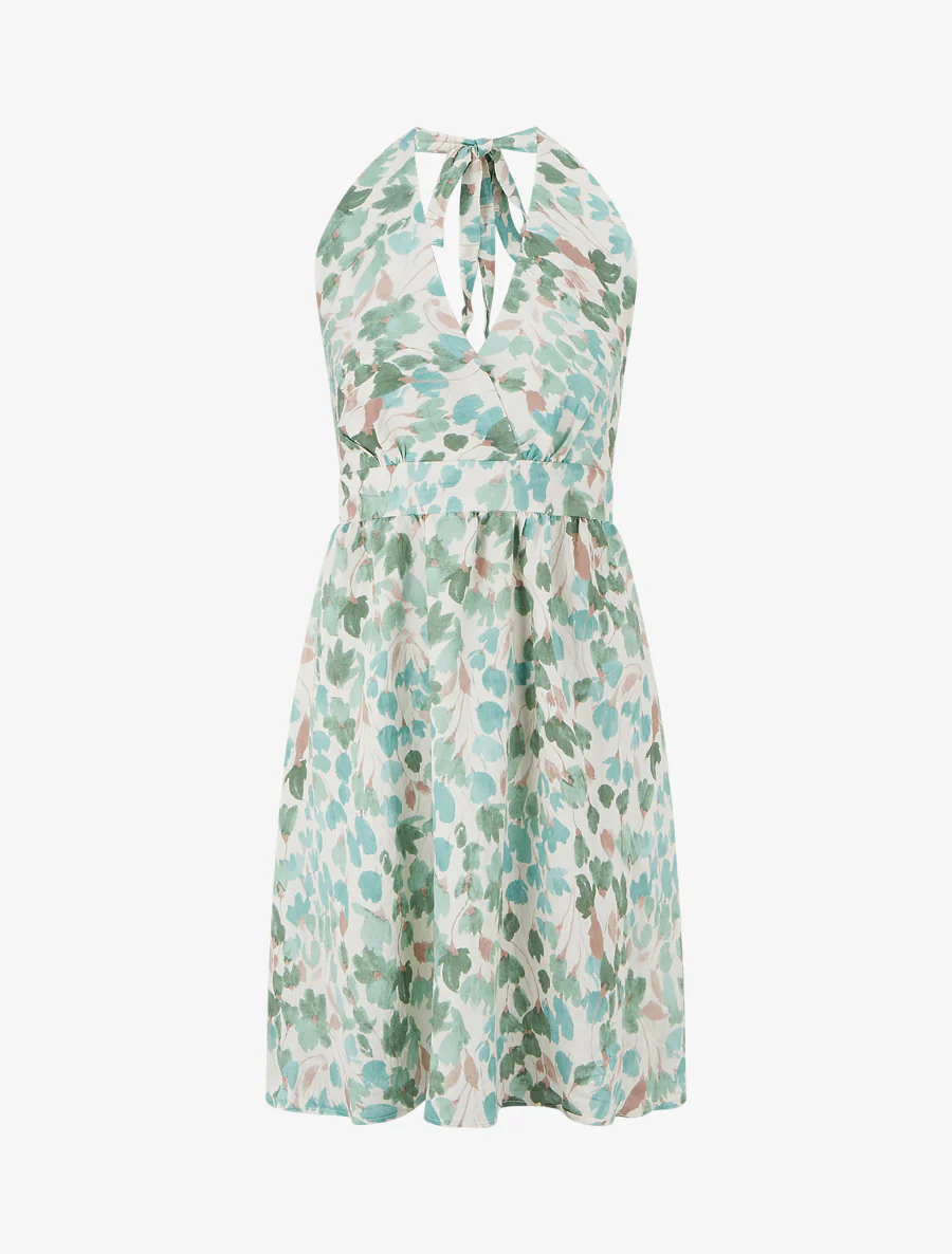 Halflange jurk met blote rug en abstracte bloemenprint - Mintgroen
