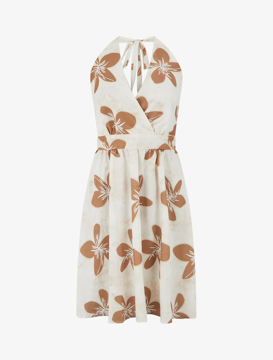 Halflange jurk met blote rug en grote bloemenprint - Terracotta