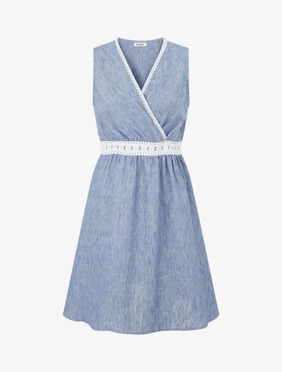 Halflange jurk met geborduurde band - Blauw