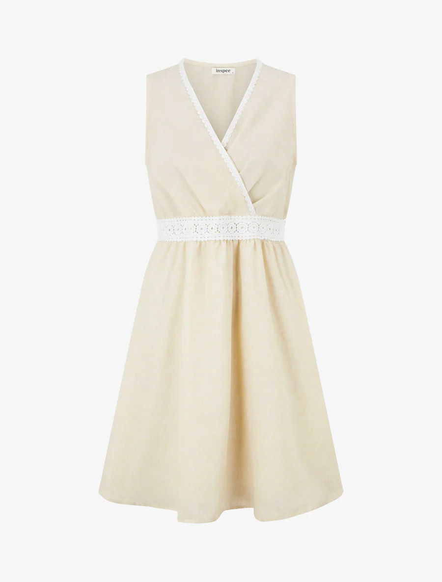 Halflange jurk met geborduurde band - Beige