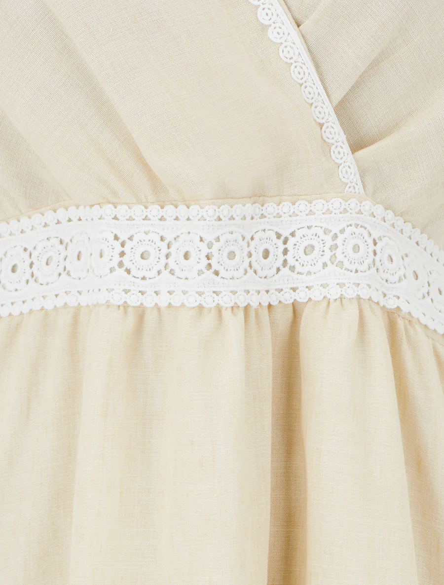 Halflange jurk met geborduurde band - Beige - Image 3