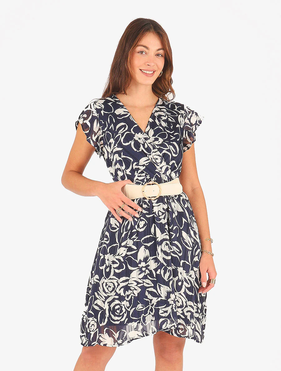 Halflange jurk met iriserende bloemenprint - Marineblauw - Image 4