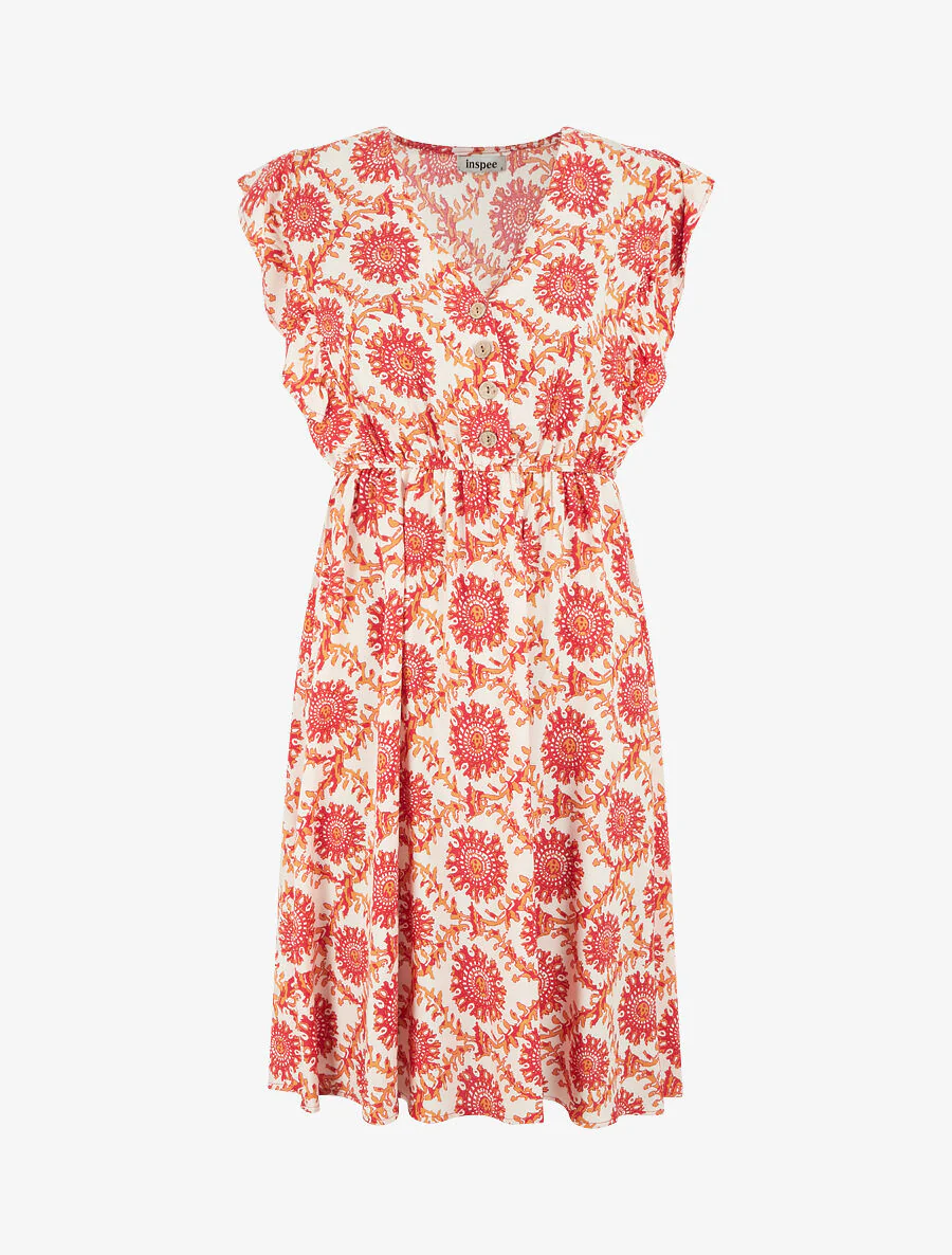 Halflange jurk met sjaalprint en trekkoorden - Rood