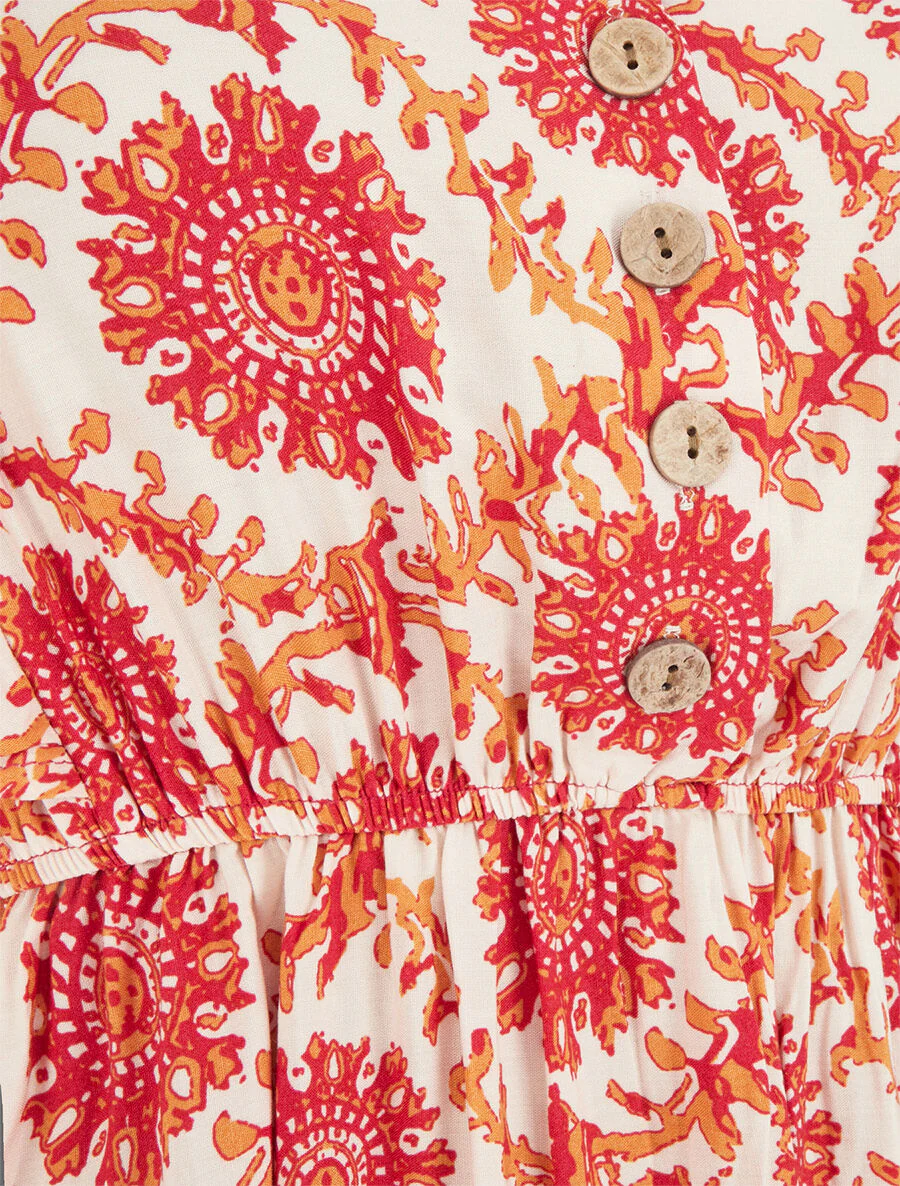 Halflange jurk met sjaalprint en trekkoorden - Rood - Image 3