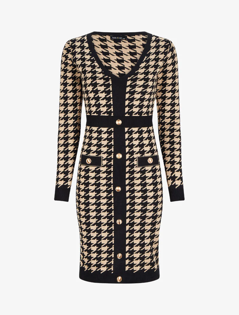 Halflange jurk met V-hals en pied-de-poule print - Camel/zwart