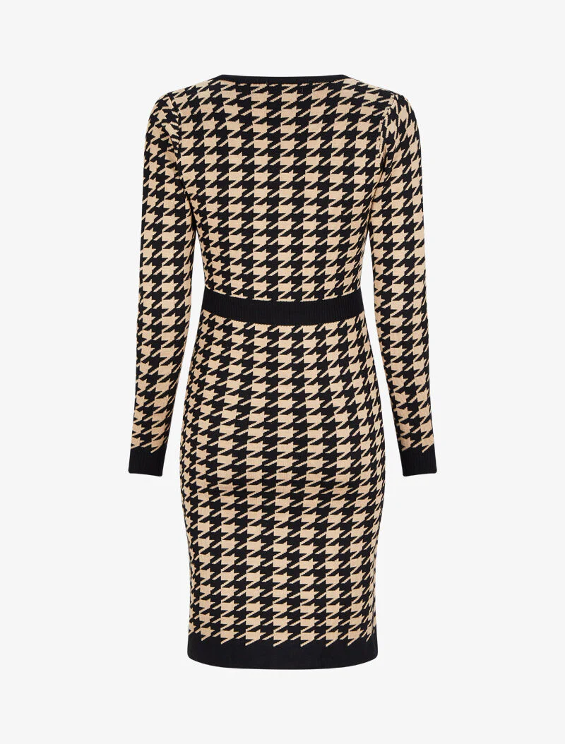 Halflange jurk met V-hals en pied-de-poule print - Camel/zwart - Image 2