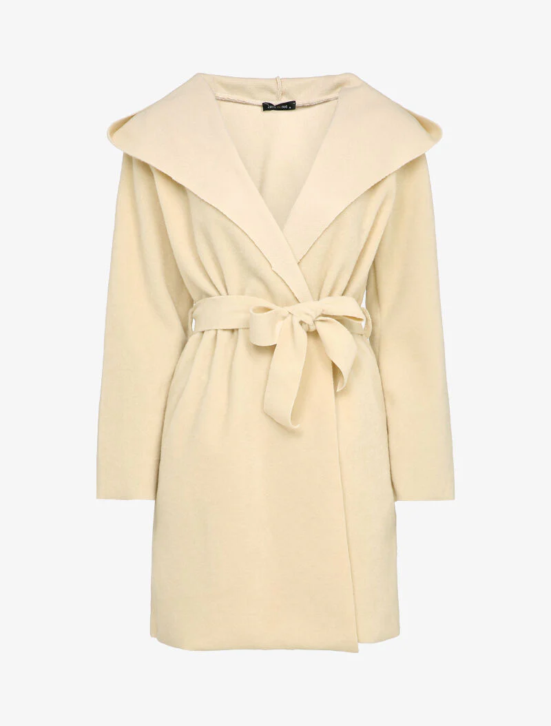 Halflange jas met capuchon in wollook - Beige