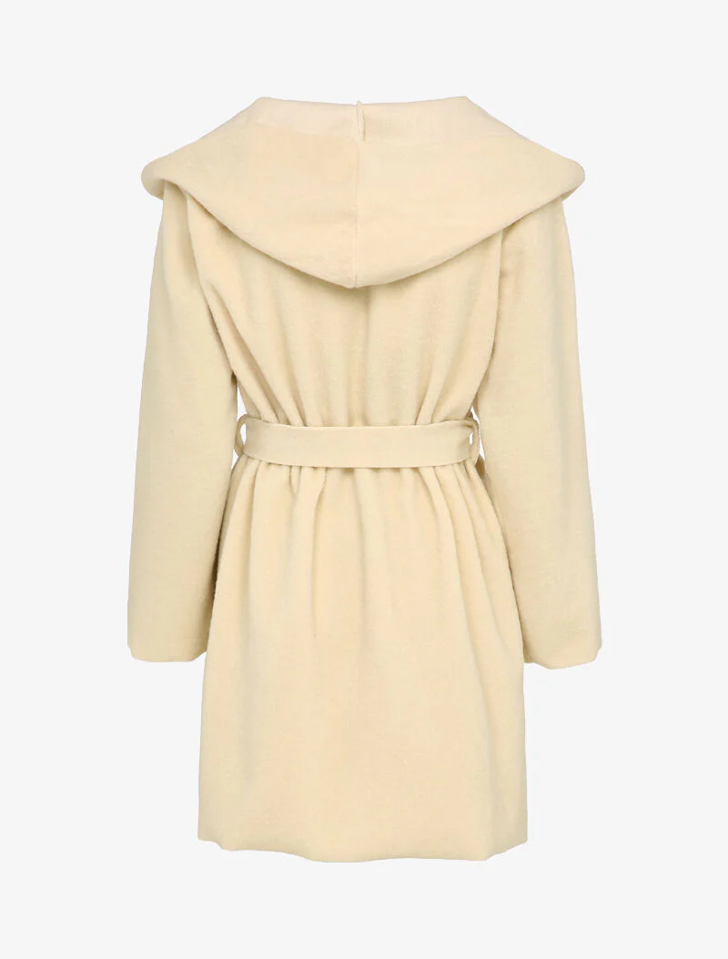 Halflange jas met capuchon in wollook - Beige - Image 2
