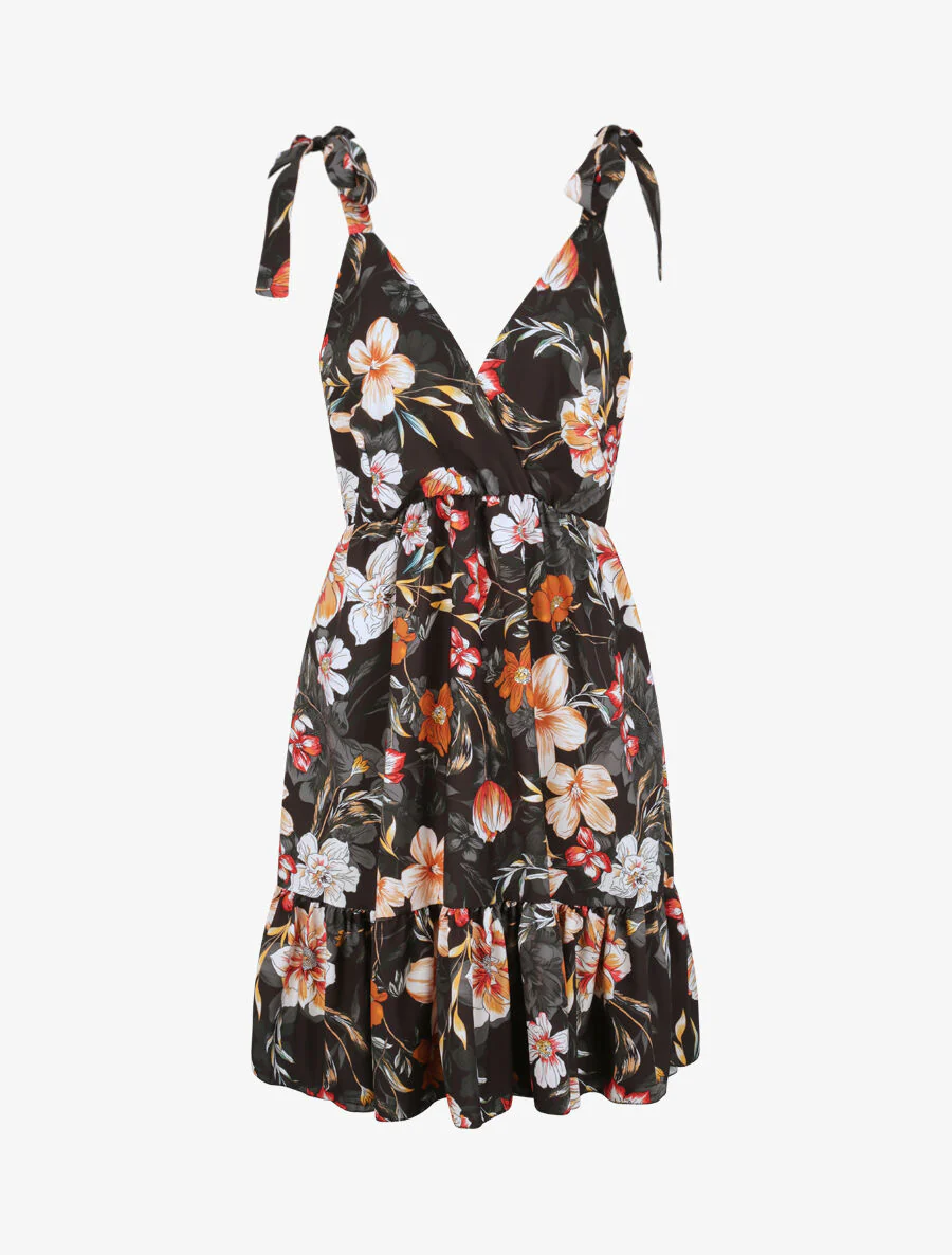 Halflange patinerende jurk met tropische bloemenprint - Zwart