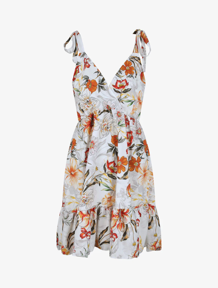Halflange patinerende jurk met tropische bloemenprint - Wit