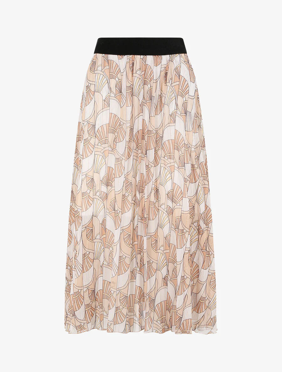 Halflange plooirok met uitlopende stijlventilatorprint - Beige