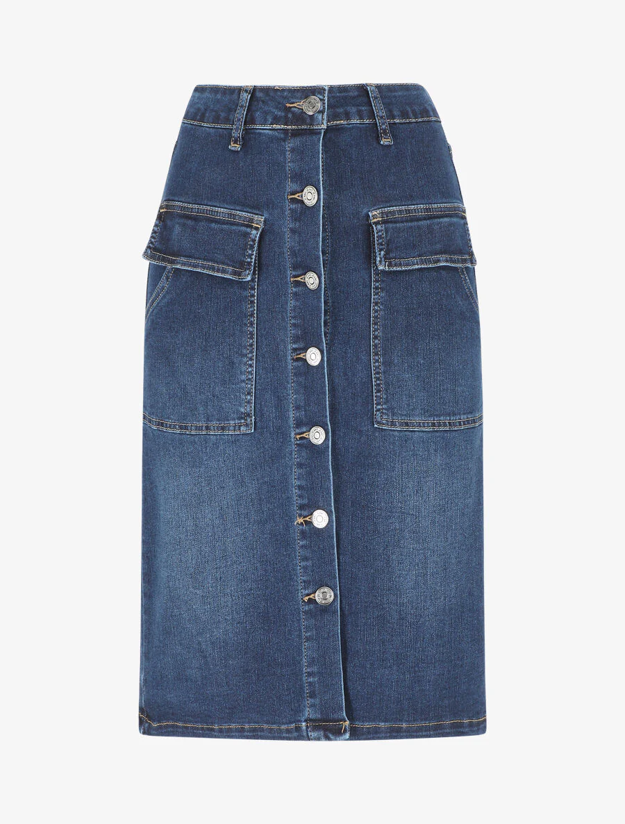 Halflange rechte denim rok met zakken - blauw
