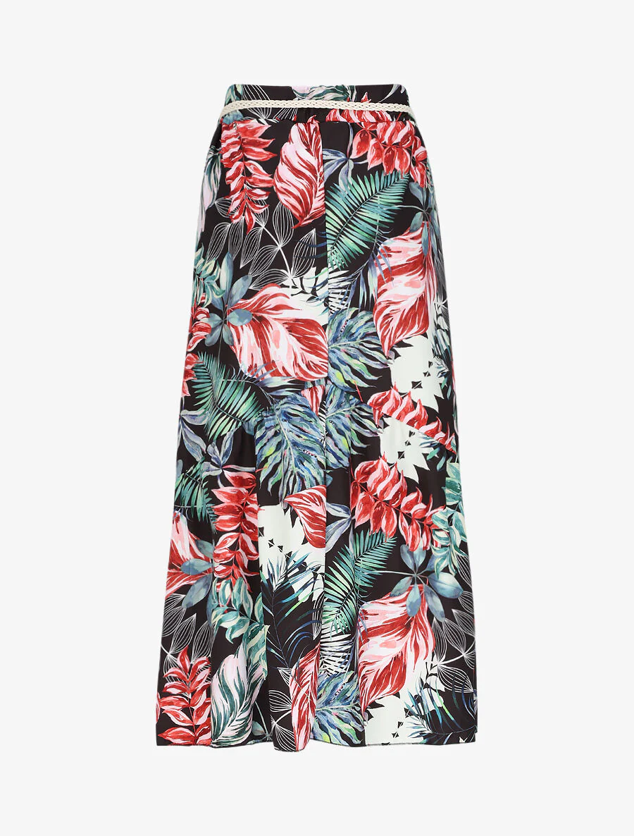 Halflange rok met V-naad en tropisch print - Zwart - Image 2