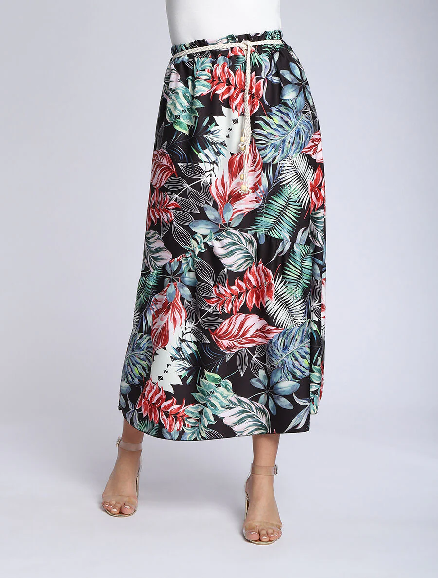 Halflange rok met V-naad en tropisch print - Zwart - Image 4